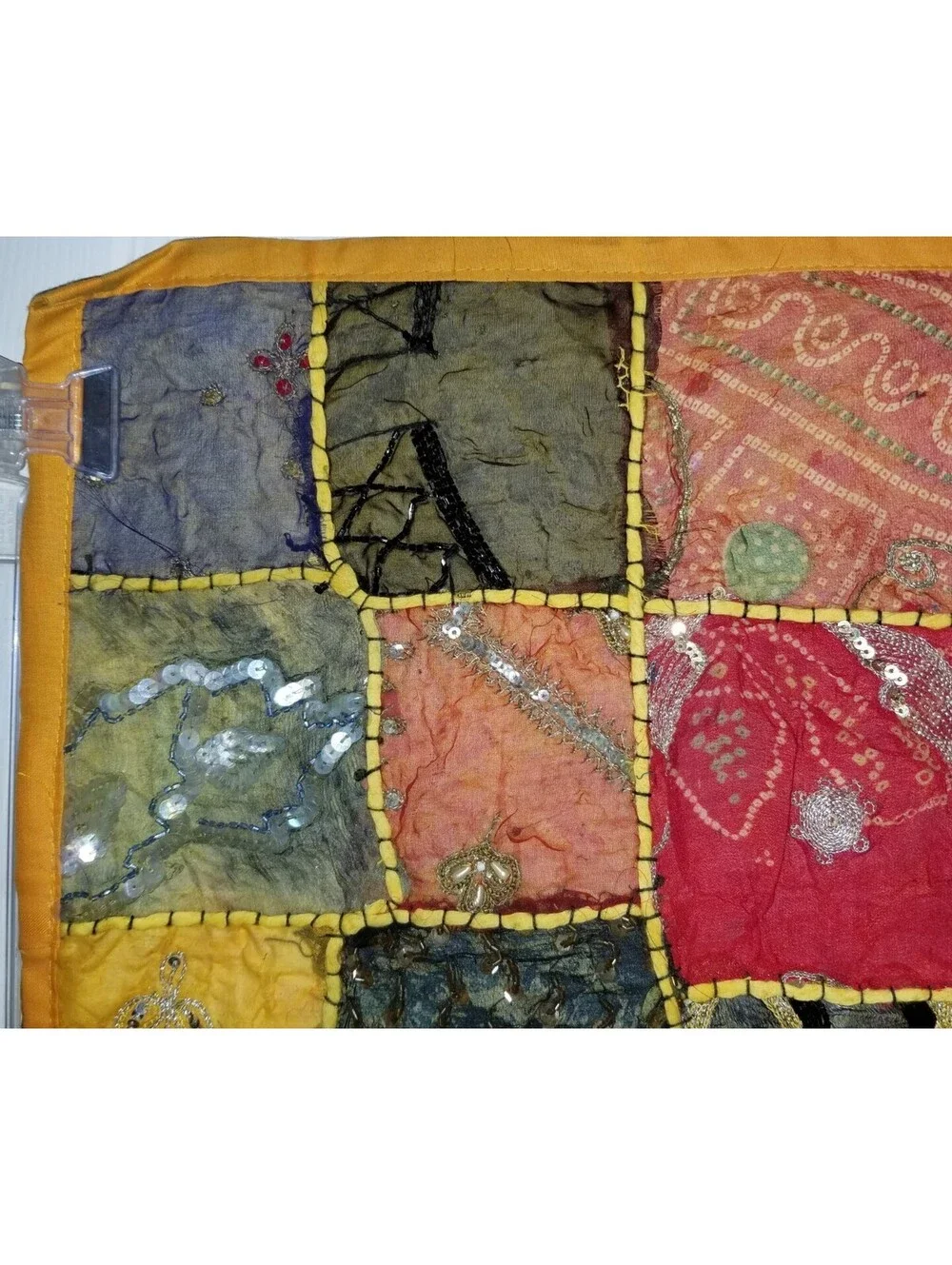 HAND BEADED EMBELLISHED INDIA WALL ART TAPESTRY PATCHWORK SQUARE 16